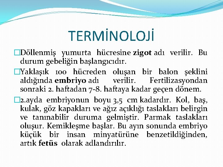 TERMİNOLOJİ �Döllenmiş yumurta hücresine zigot adı verilir. Bu durum gebeliğin başlangıcıdır. �Yaklaşık 100 hücreden