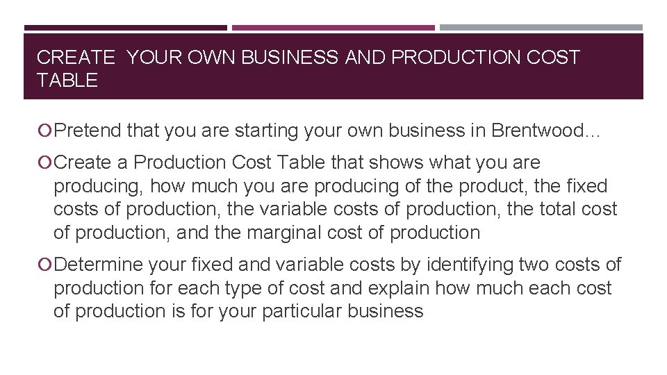 CREATE YOUR OWN BUSINESS AND PRODUCTION COST TABLE Pretend that you are starting your