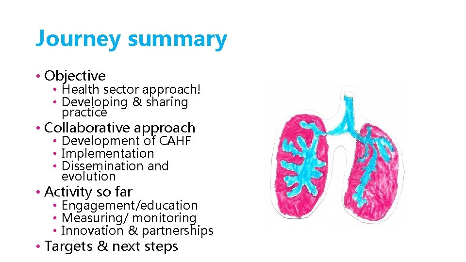 Journey summary • Objective • Health sector approach! • Developing & sharing practice •