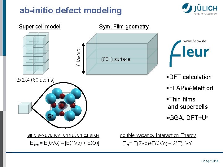 ab-initio defect modeling Sym. Film geometry 9 layers Super cell model (001) surface §DFT