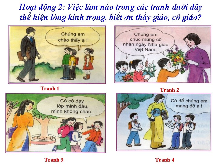 Hoạt động 2: Việc làm nào trong các tranh dưới đây thể hiện lòng