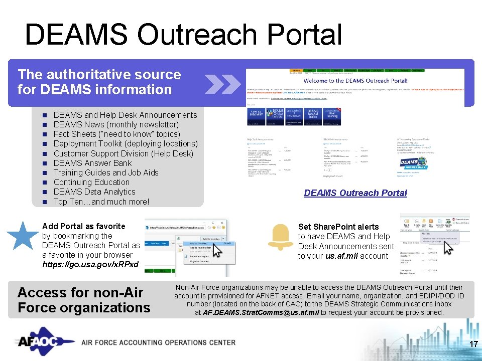DEAMS Outreach Portal The authoritative source for DEAMS information n n DEAMS and Help