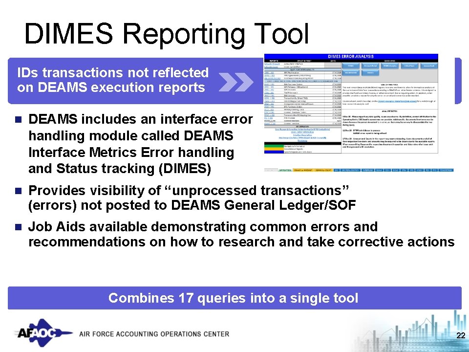 DIMES Reporting Tool IDs transactions not reflected on DEAMS execution reports n DEAMS includes