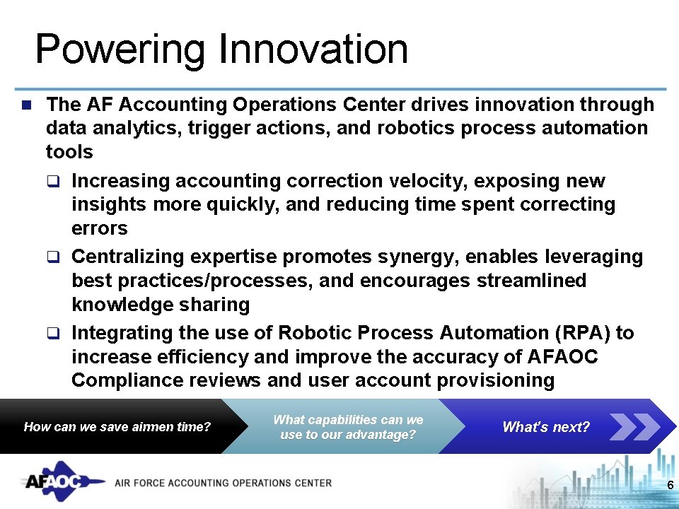 Powering Innovation n The AF Accounting Operations Center drives innovation through data analytics, trigger