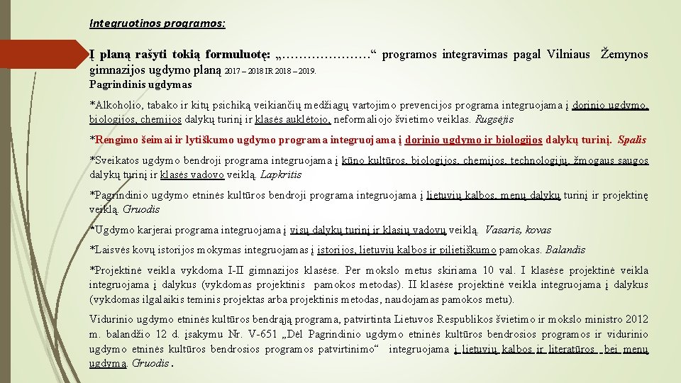 Integruotinos programos: Į planą rašyti tokią formuluotę: „…………………“ programos integravimas pagal Vilniaus Žemynos gimnazijos