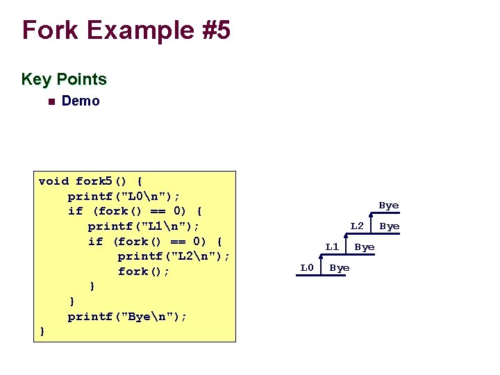 Fork Example #5 Key Points n Demo void fork 5() { printf("L 0n"); if