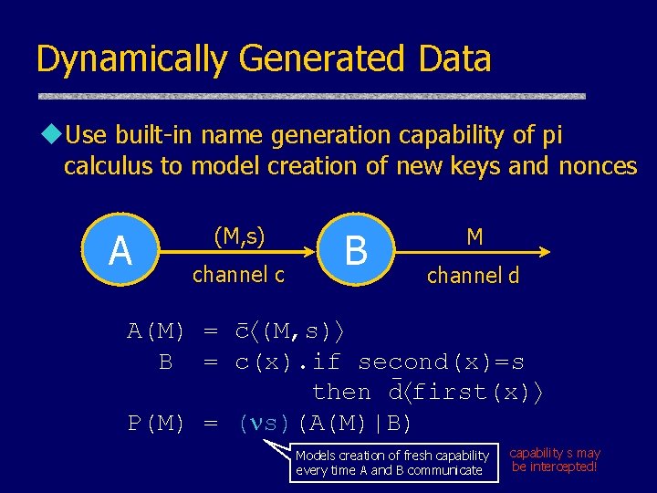 Dynamically Generated Data u. Use built-in name generation capability of pi calculus to model