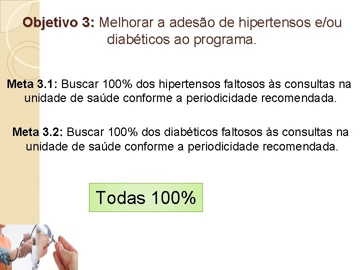 Objetivo 3: Melhorar a adesão de hipertensos e/ou diabéticos ao programa. Meta 3. 1:
