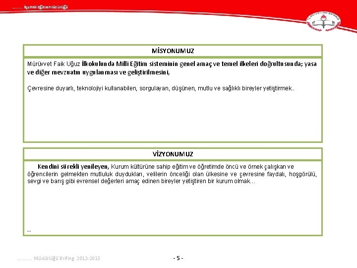 . . . İlçe Mili Eğitim Müdürlüğü MİSYONUMUZ Mürüvvet Faik Uğuz İlkokulunda Milli Eğitim