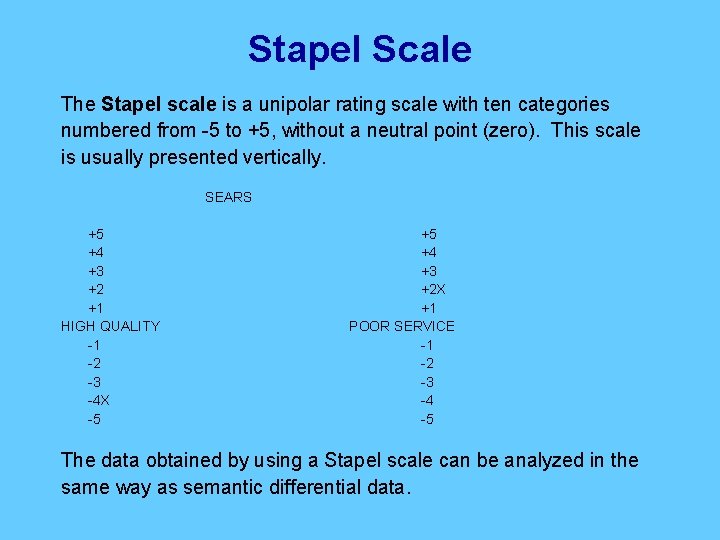 Stapel Scale The Stapel scale is a unipolar rating scale with ten categories numbered