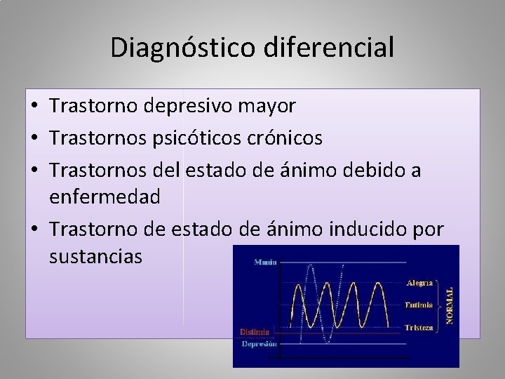 Diagnóstico diferencial • Trastorno depresivo mayor • Trastornos psicóticos crónicos • Trastornos del estado