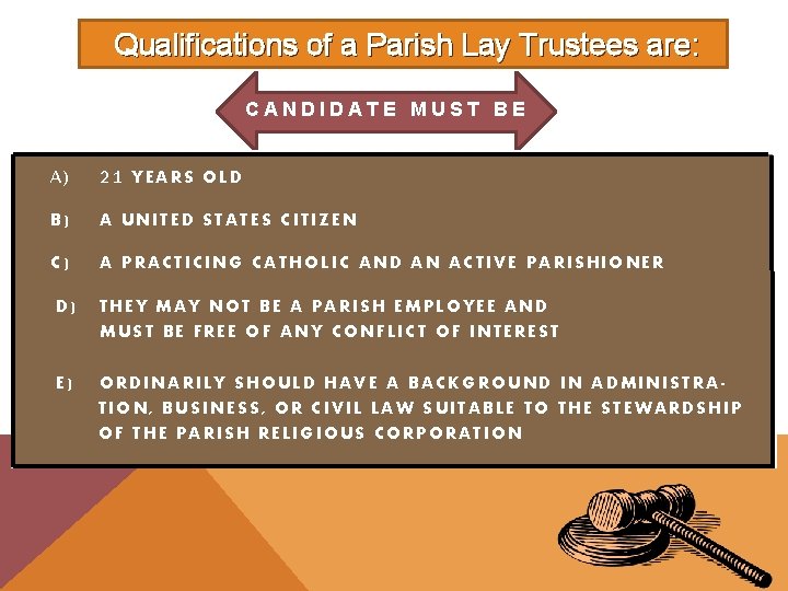 Qualifications of a Parish Lay Trustees are: CANDIDATE MUST BE A) 21 YEARS OLD