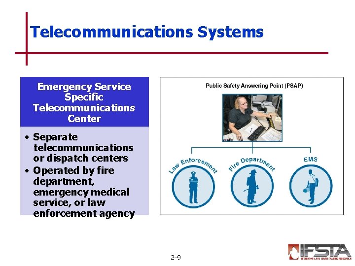 Telecommunications Systems Emergency Service Specific Telecommunications Center • Separate telecommunications or dispatch centers • Telecommunications Systems Emergency Service Specific Telecommunications Center • Separate telecommunications or dispatch centers •