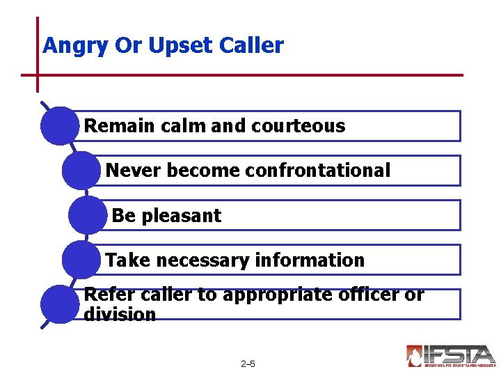 Angry Or Upset Caller Remain calm and courteous Never become confrontational Be pleasant Take Angry Or Upset Caller Remain calm and courteous Never become confrontational Be pleasant Take
