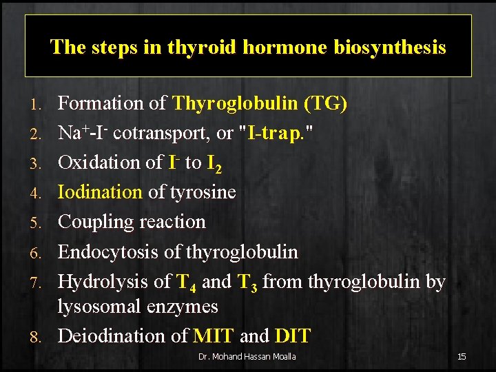 The steps in thyroid hormone biosynthesis 1. 2. 3. 4. 5. 6. 7. 8.