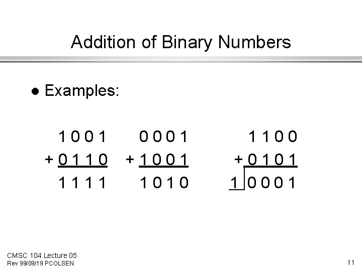 Addition of Binary Numbers l Examples: 1001 +0110 1111 CMSC 104 Lecture 05 Rev