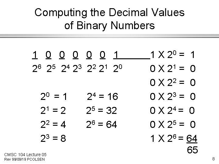 Computing the Decimal Values of Binary Numbers 1 0 0 0 1 2 6