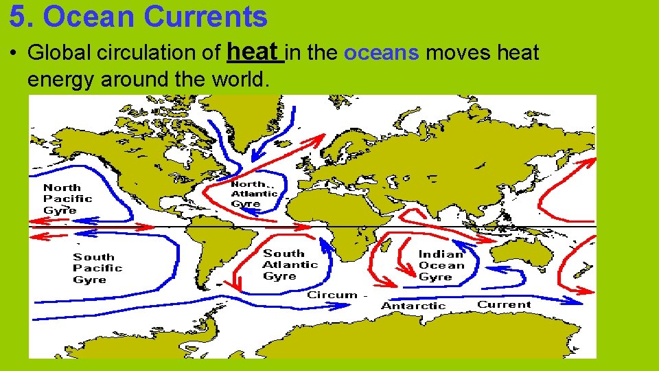 5. Ocean Currents • Global circulation of heat in the oceans moves heat energy