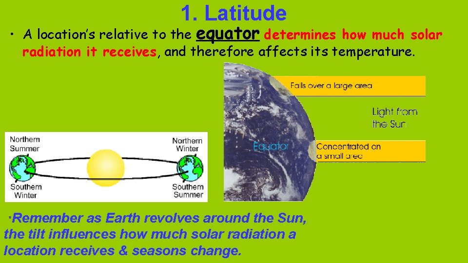 1. Latitude • A location’s relative to the equator determines how much solar radiation