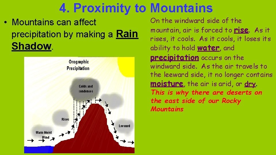 4. Proximity to Mountains • Mountains can affect precipitation by making a Rain Shadow.