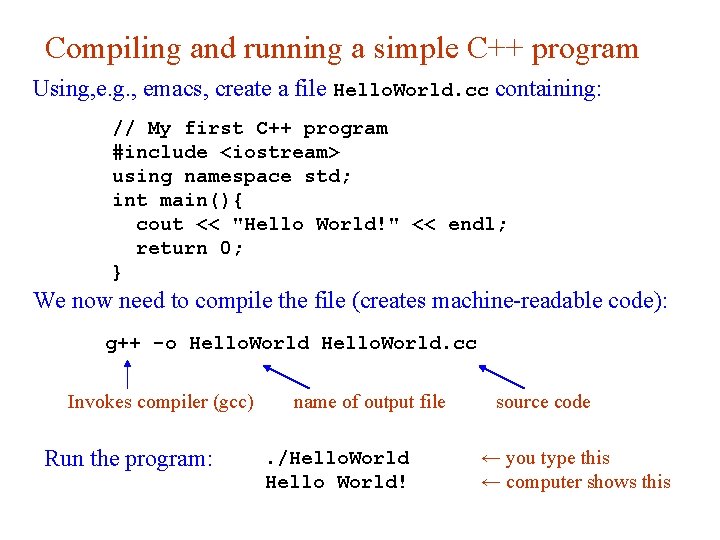 Compiling and running a simple C++ program Using, e. g. , emacs, create a