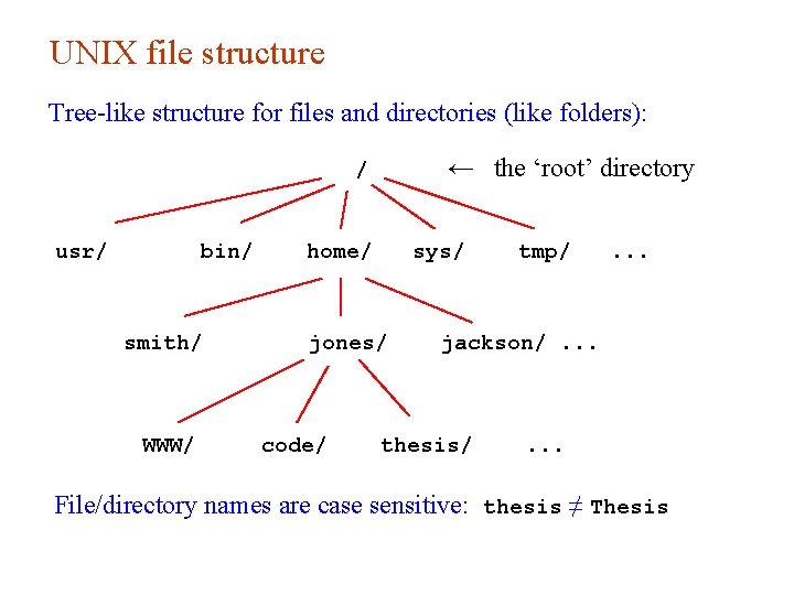 UNIX file structure Tree-like structure for files and directories (like folders): ← the ‘root’