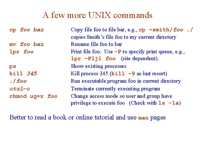 A few more UNIX commands cp foo bar mv foo bar lpr foo ps