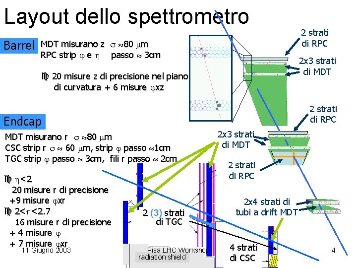 Layout dello spettrometro Barrel MDT misurano z 80 m RPC strip e passo 3