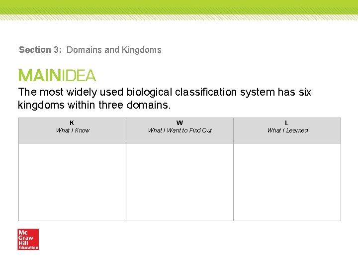 Section 3: Domains and Kingdoms The most widely used biological classification system has six