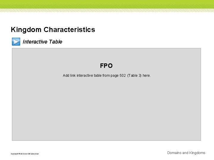 Kingdom Characteristics Interactive Table FPO Add link interactive table from page 502 (Table 3)