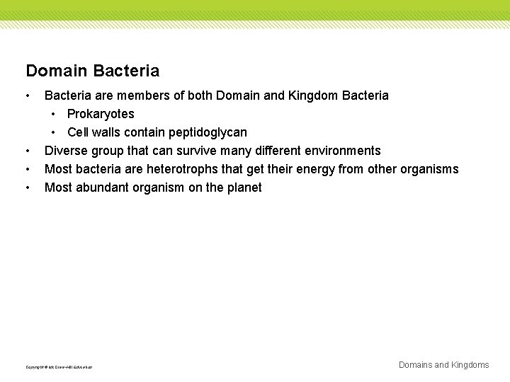 Domain Bacteria • • Bacteria are members of both Domain and Kingdom Bacteria •