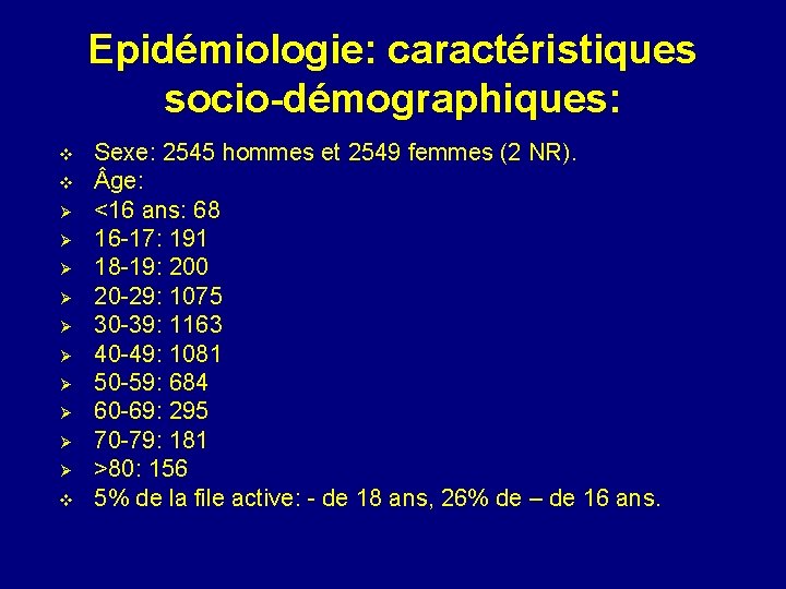 Epidémiologie: caractéristiques socio-démographiques: v v Ø Ø Ø Ø Ø v Sexe: 2545 hommes