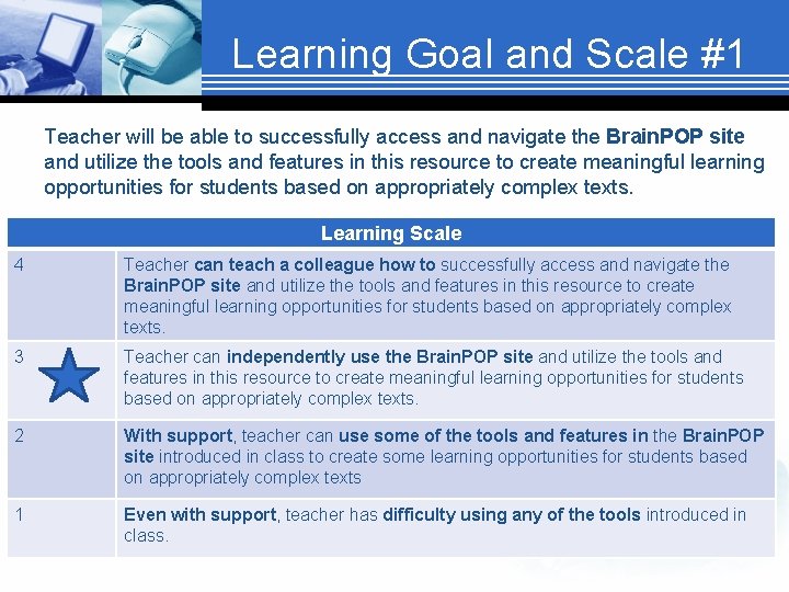 Learning Goal and Scale #1 Teacher will be able to successfully access and navigate