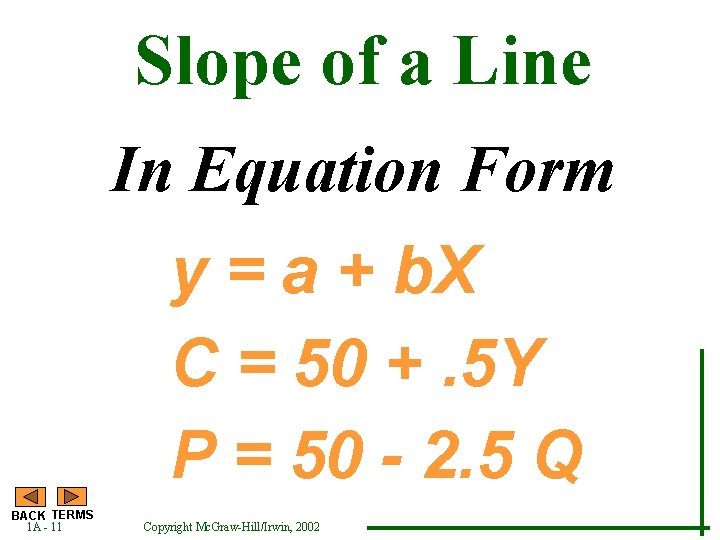 Slope of a Line In Equation Form y = a + b. X C