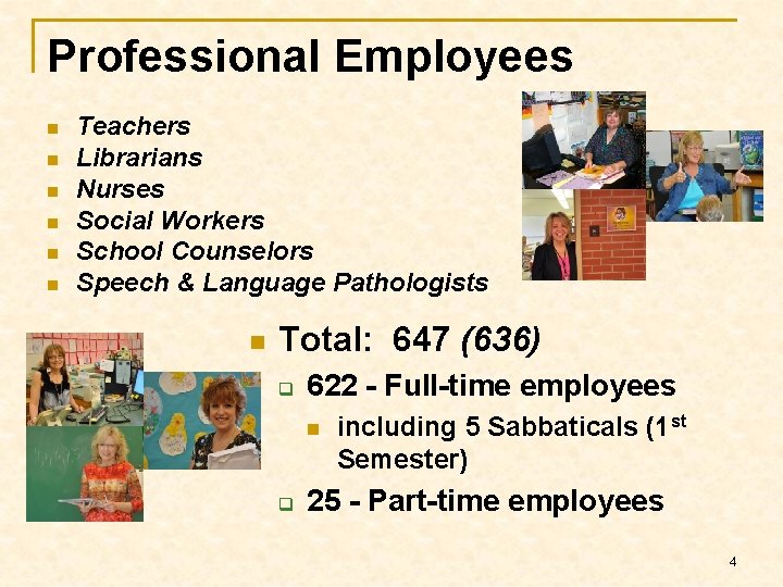Professional Employees n n n Teachers Librarians Nurses Social Workers School Counselors Speech &