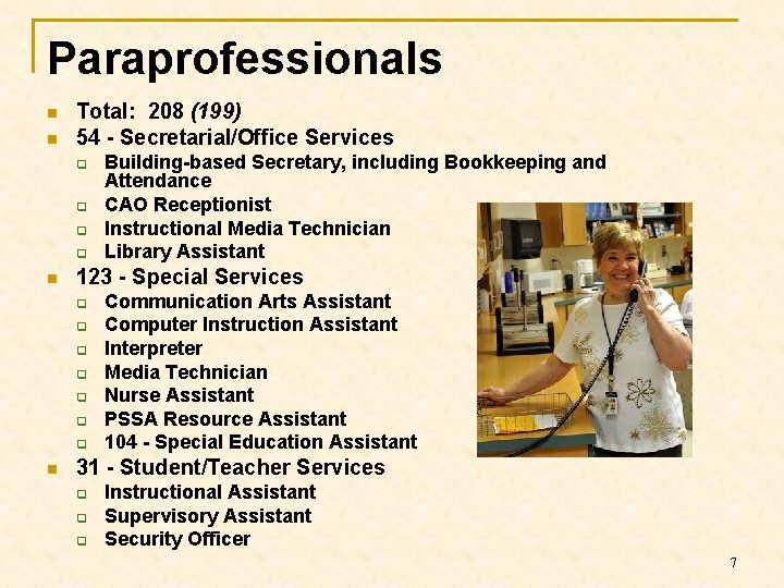 Paraprofessionals n n Total: 208 (199) 54 - Secretarial/Office Services q q n 123