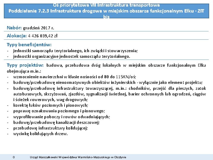 Oś priorytetowa VII Infrastruktura transportowa Poddziałanie 7. 2. 3 Infrastruktura drogowa w miejskim obszarze