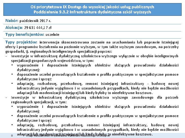 Oś priorytetowa IX Dostęp do wysokiej jakości usług publicznych Poddziałanie 9. 3. 2 Infrastruktura