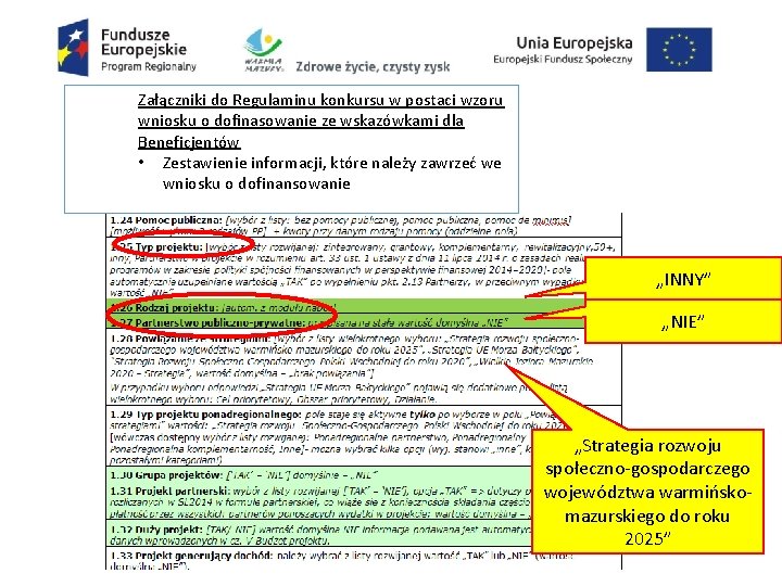 Załączniki do Regulaminu konkursu w postaci wzoru wniosku o dofinasowanie ze wskazówkami dla Beneficjentów