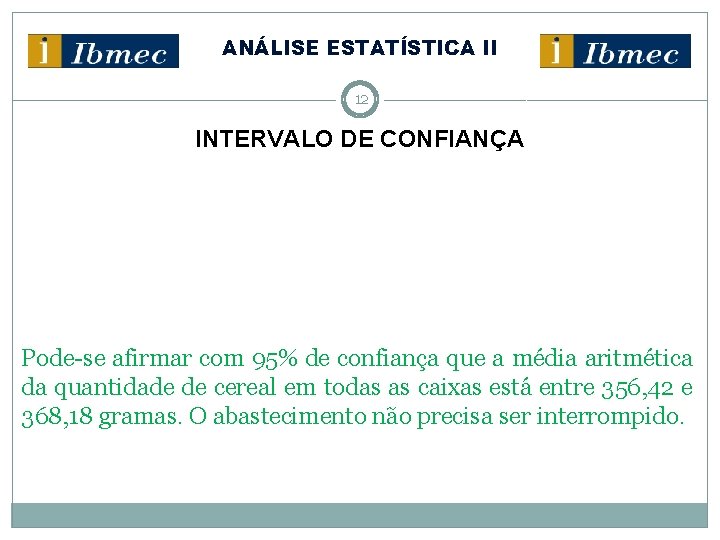 ANÁLISE ESTATÍSTICA II 12 INTERVALO DE CONFIANÇA Pode-se afirmar com 95% de confiança que