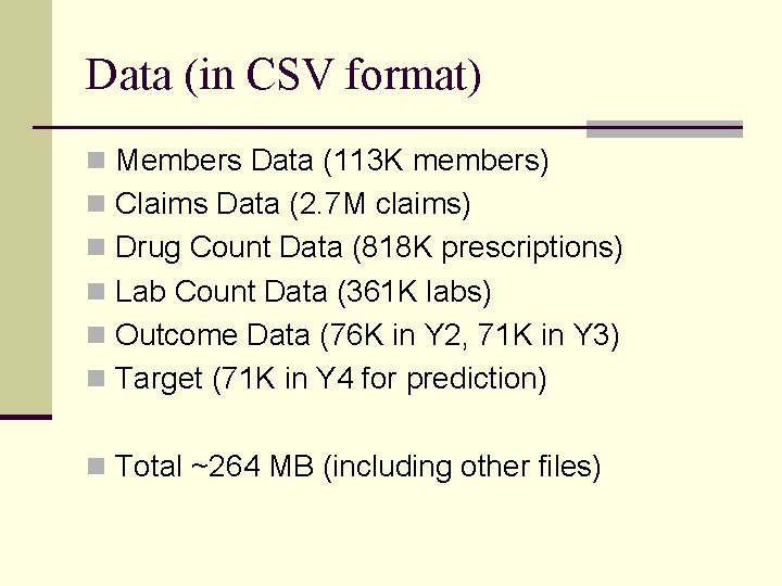 Data (in CSV format) n Members Data (113 K members) n Claims Data (2.