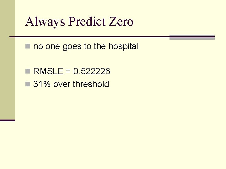 Always Predict Zero n no one goes to the hospital n RMSLE = 0.