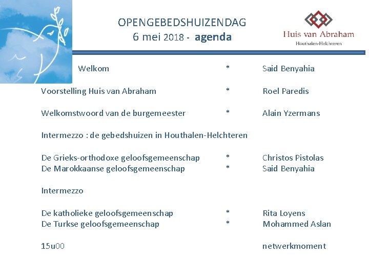 OPENGEBEDSHUIZENDAG 6 mei 2018 - agenda Welkom * Said Benyahia Voorstelling Huis van Abraham