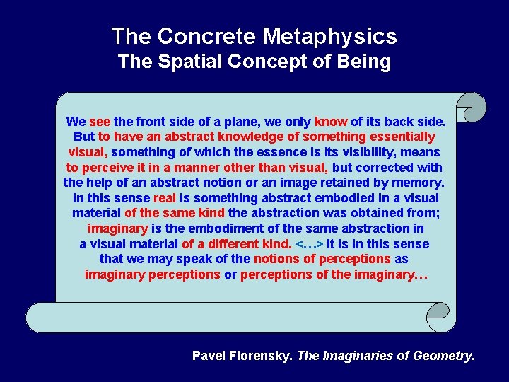 The Concrete Metaphysics The Spatial Concept of Being We see the front side of