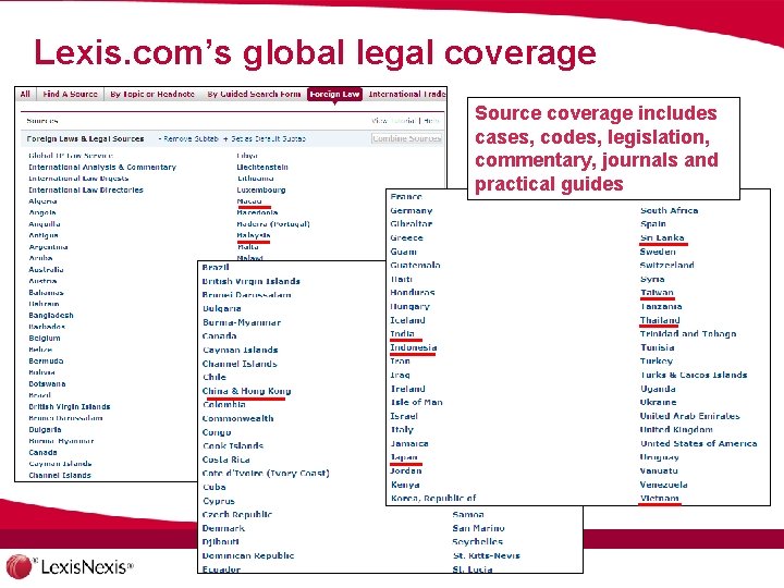 Lexis. com’s global legal coverage Source coverage includes cases, codes, legislation, commentary, journals and