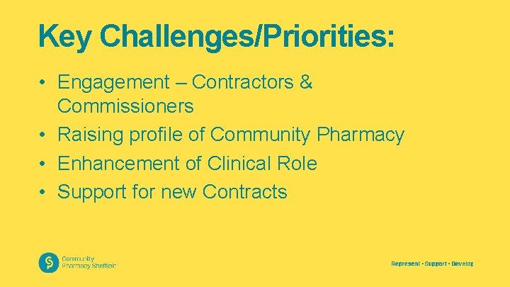 Key Challenges/Priorities: • Engagement – Contractors & Commissioners • Raising profile of Community Pharmacy