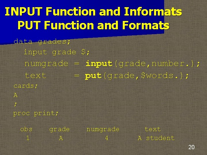 INPUT Function and Informats PUT Function and Formats data grades; input grade $; numgrade