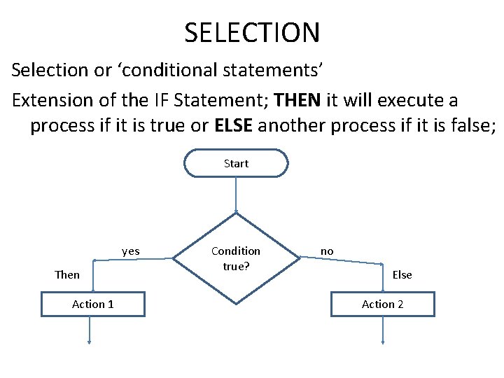 SELECTION Selection or ‘conditional statements’ Extension of the IF Statement; THEN it will execute
