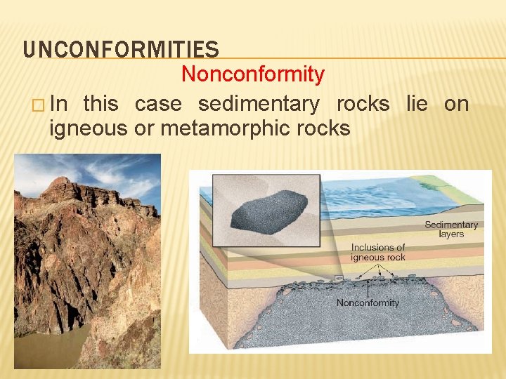 UNCONFORMITIES Nonconformity � In this case sedimentary rocks lie on igneous or metamorphic rocks