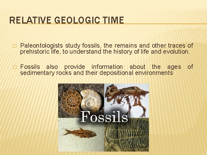 RELATIVE GEOLOGIC TIME � Paleontologists study fossils, the remains and other traces of prehistoric